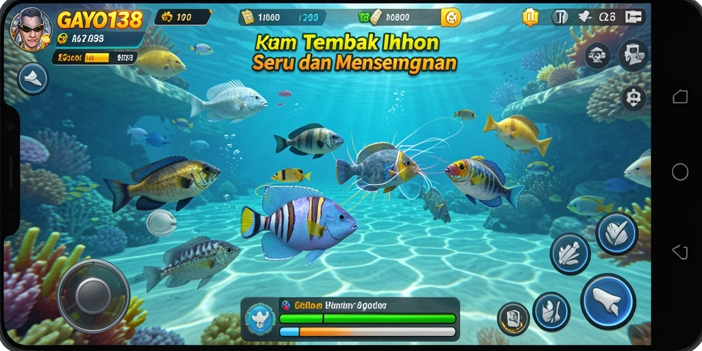 Screenshot gameplay GAYO138 yang menunjukkan aksi menembak ikan.